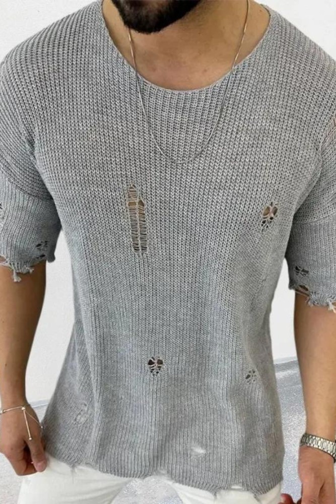 Men's Fashion Sweater Knitted Cardigan Ripped Loose Knitted Casual Pullover