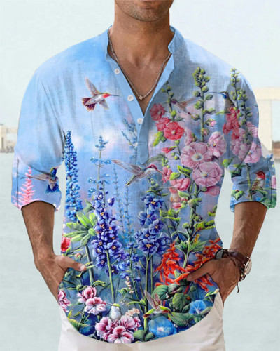 Men's Fashion Bird Floral Long Sleeve Casual Shirt
