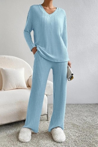 Fashion Casual Straight Pants Temperament Loose V-neck Pit-stripe Knitting Two-piece Set