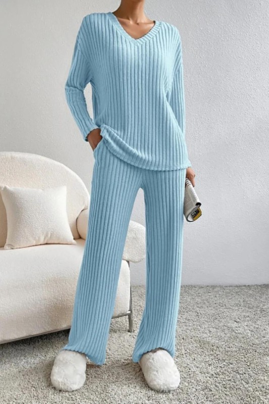 Fashion Casual Straight Pants Temperament Loose V-neck Pit-stripe Knitting Two-piece Set