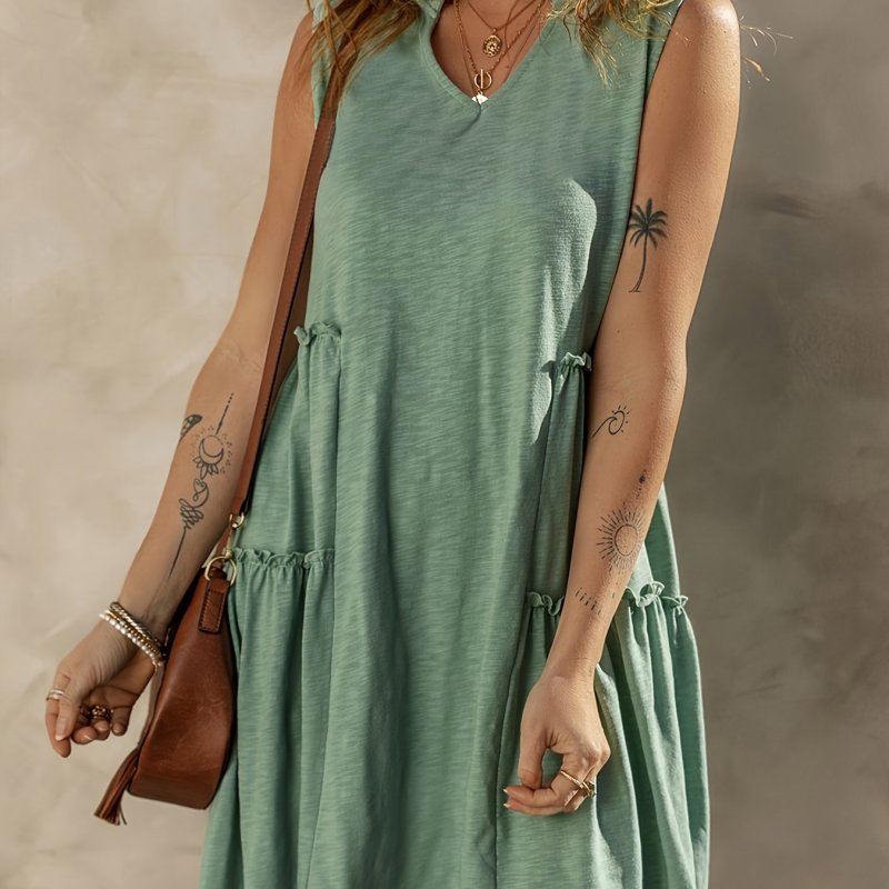 V Neck Ruffle Hem Dress, Casual Sleeveless Loose Dress For Summer, Women's Clothing