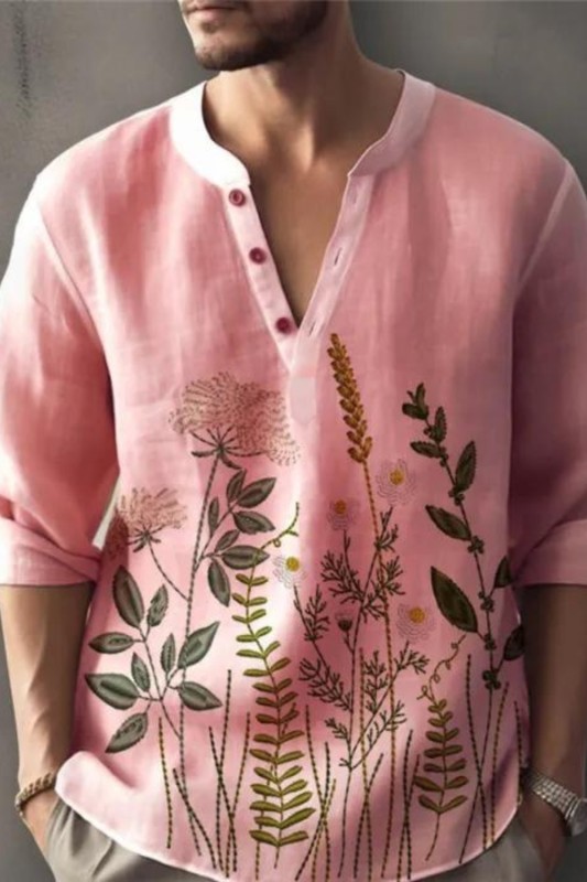 Men's Artistic Floral Cotton Linen Long Sleeve Shirt