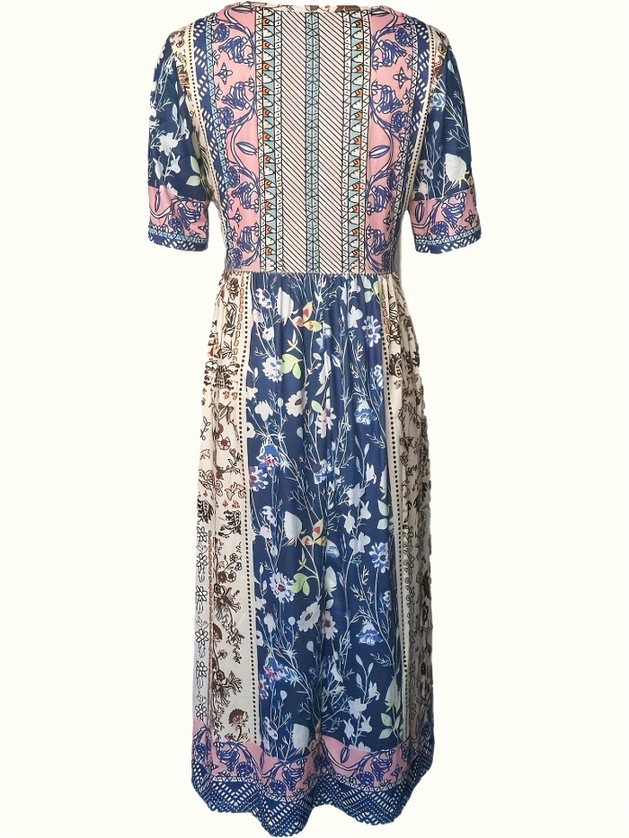 Plus Size Boho Charm - Vibrant Colorblock Floral Maxi Dress with Short Sleeves, Pockets & Flattering Round Neck - Medium Stretch for All-Day Comfort - Womens Plus