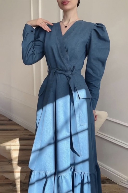 Fashion Retro Cross Overlay Tie Puff Sleeve Lace-up High Waist Elegant Dress