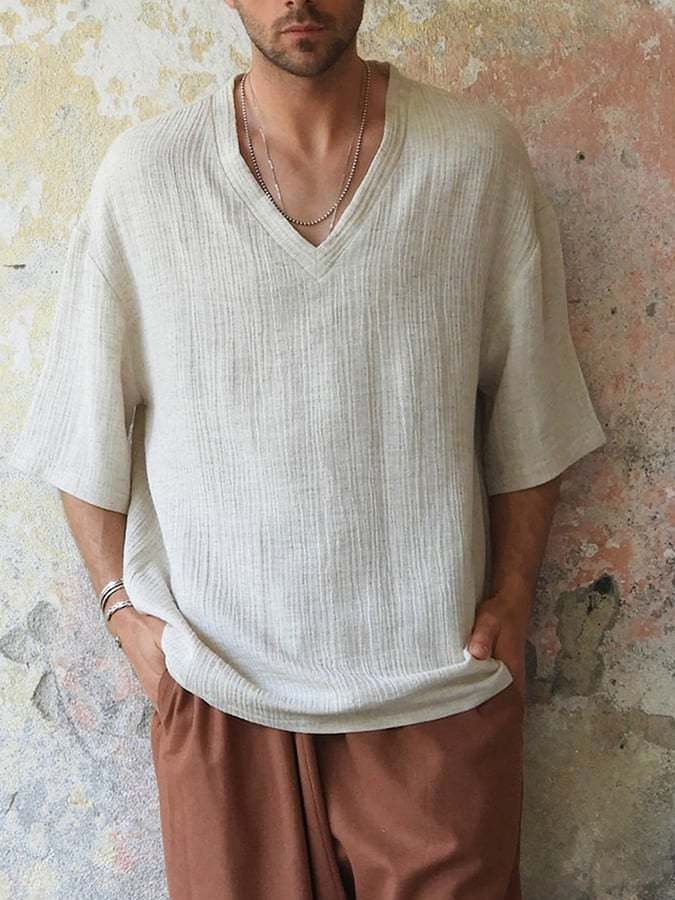 Men's Holiday Cotton And Linen V-neck Short-sleeved Tops
