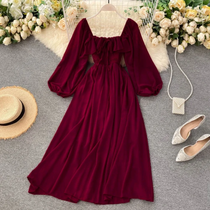 Women's Chic Elegant Square Neck Solid Color Chiffon Puff Sleeve Fashion Retro Ruffle Dress