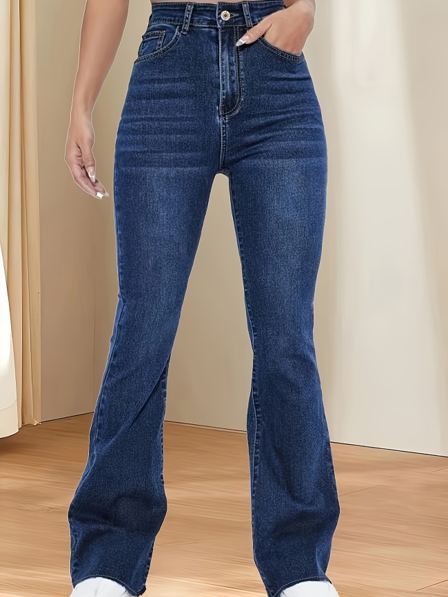 Plain Washed Blue High Rise Whiskering Slash Pocket Flare Leg Jeans Denim Pants, Women's Denim Jeans & Clothing