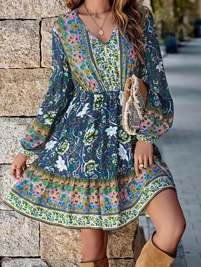 Plus Size Floral Print Dress, Casual V Neck Long Sleeve Dress, Women's Plus Size Clothing