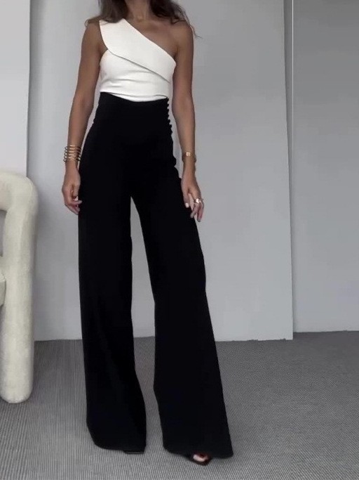 Fashion One Shoulder Slant Collar Slim Fit Top High Waist Wide Leg Pants Color Block Suit
