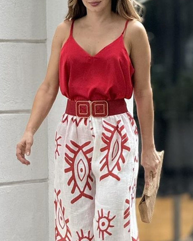 Fashion Solid Color Sling Top & Printed Pants Two-Piece Set (Without belt)