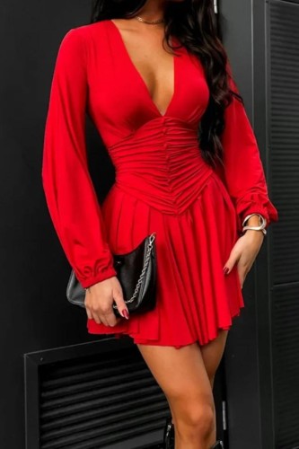 Sexy Long Sleeve Party Deep V Neck High Waist Pleated Fashion Elegant  A-Line Dresses