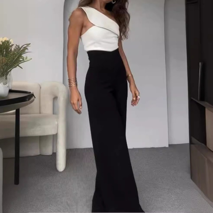 Fashion One Shoulder Slant Collar Slim Fit Top High Waist Wide Leg Pants Color Block Suit