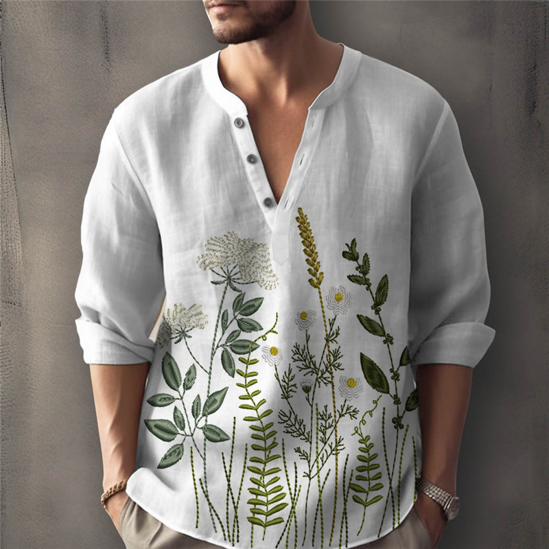 Men's Artistic Floral Cotton Linen Long Sleeve Shirt