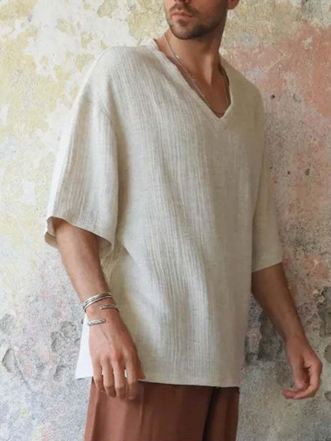 Men's Holiday Cotton And Linen V-neck Short-sleeved Tops
