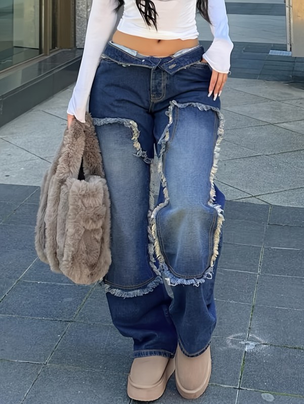 Raw Trim Detail Washed Blue Loose Fit Streetwear Jeans Denim Pants, Women's Denim Jeans & Clothing