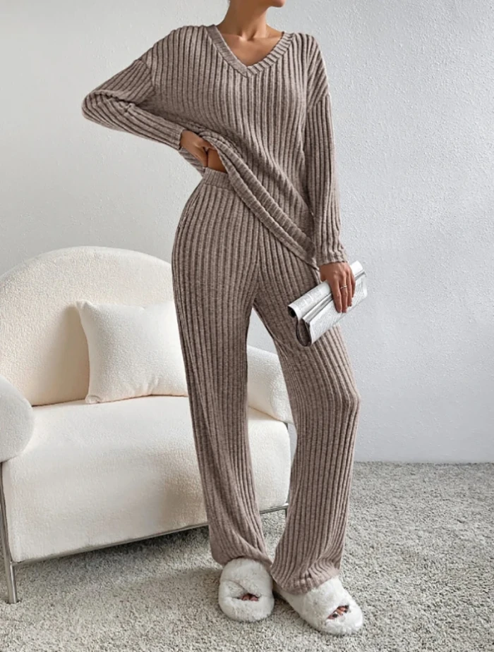 Fashion Casual Straight Pants Temperament Loose V-neck Pit-stripe Knitting Two-piece Set