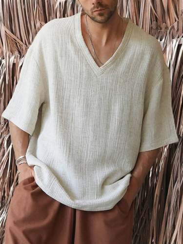 Men's Holiday Cotton And Linen V-neck Short-sleeved Tops