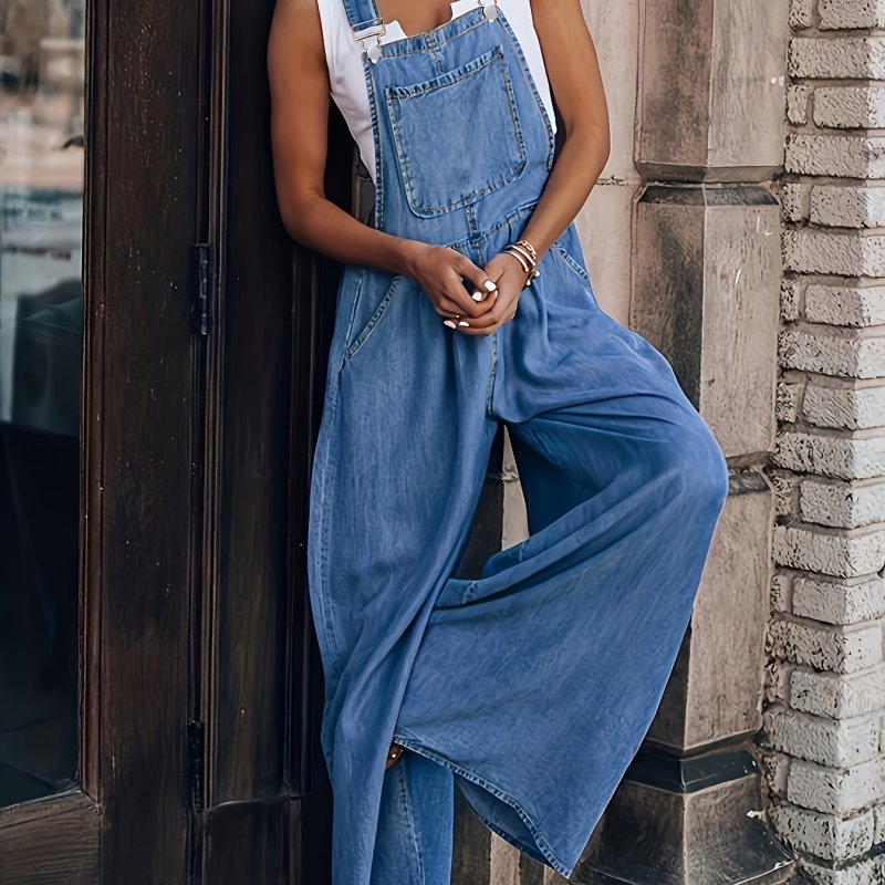 Chic Sleeveless Denim Jumpsuit - Relaxed Fit with Side Pockets, Adjustable Straps - Versatile Day-to-Night Apparel