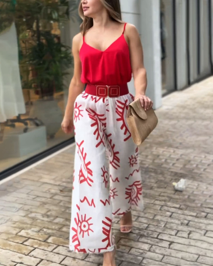 Fashion Solid Color Sling Top & Printed Pants Two-Piece Set (Without belt)