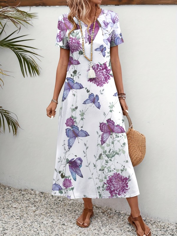 Butterfly Print Crew Neck Loose Dress, Vacation Short Sleeve Dress For Spring & Summer, Women's Clothing