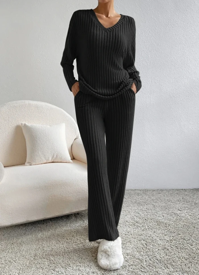 Fashion Casual Straight Pants Temperament Loose V-neck Pit-stripe Knitting Two-piece Set