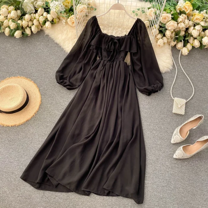 Women's Chic Elegant Square Neck Solid Color Chiffon Puff Sleeve Fashion Retro Ruffle Dress