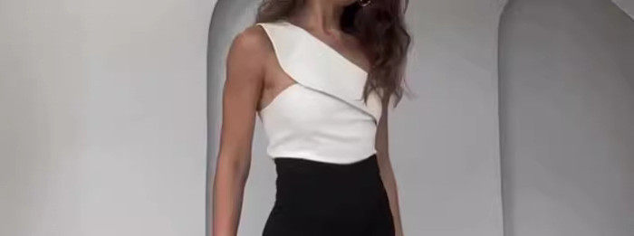 Fashion One Shoulder Slant Collar Slim Fit Top High Waist Wide Leg Pants Color Block Suit