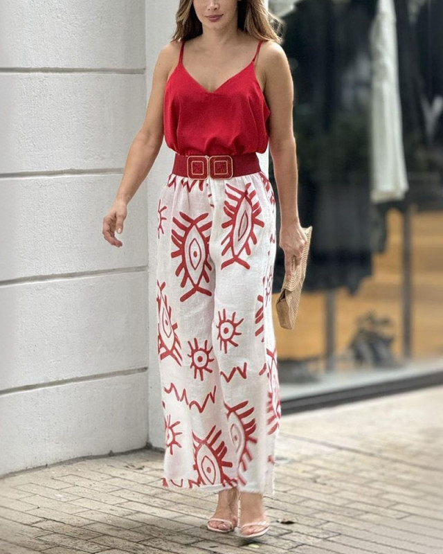 Fashion Solid Color Sling Top & Printed Pants Two-Piece Set (Without belt)