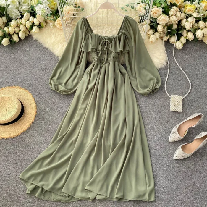 Women's Chic Elegant Square Neck Solid Color Chiffon Puff Sleeve Fashion Retro Ruffle Dress