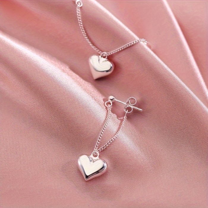 Shimmering Silvery Heart Chain Earrings - Hypoallergenic for Glamorous Parties - A Thoughtful Gift for Her - Delicate Pair