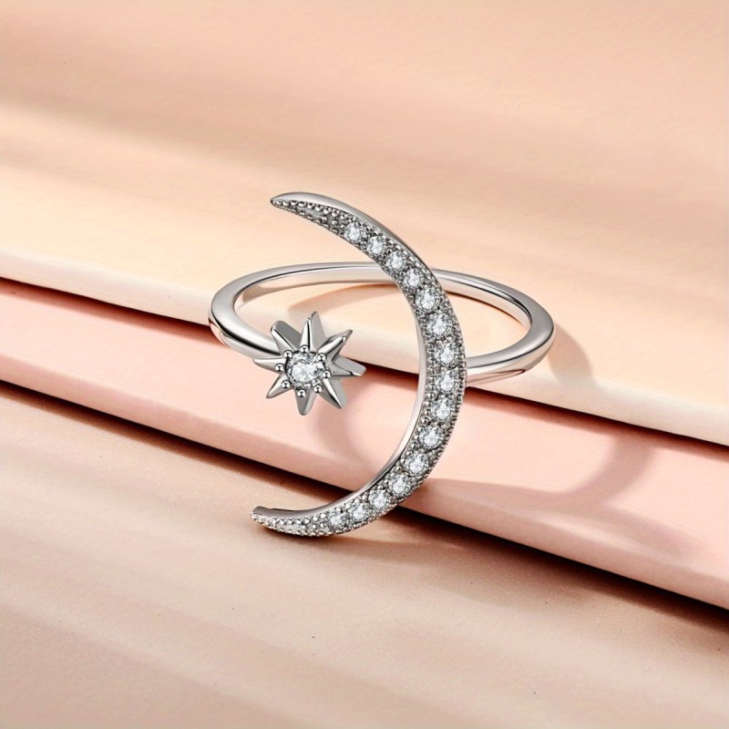 1pc Chic Moon & Sun Cuff Ring - Shimmering Rhinestone Crescent Design - Delicate Daily Wear & Party Accessory for Fashion-Forward Style