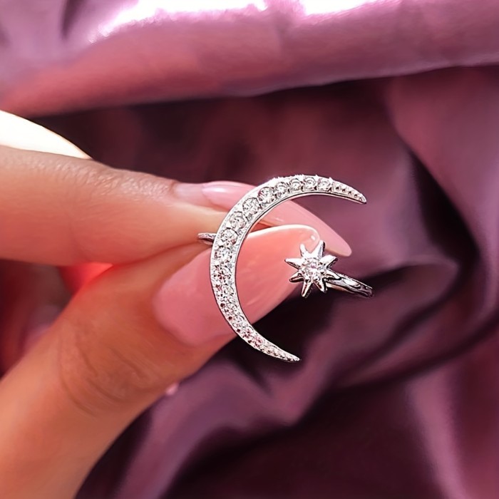 1pc Chic Moon & Sun Cuff Ring - Shimmering Rhinestone Crescent Design - Delicate Daily Wear & Party Accessory for Fashion-Forward Style