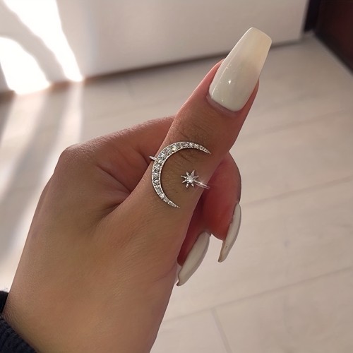 1pc Chic Moon & Sun Cuff Ring - Shimmering Rhinestone Crescent Design - Delicate Daily Wear & Party Accessory for Fashion-Forward Style