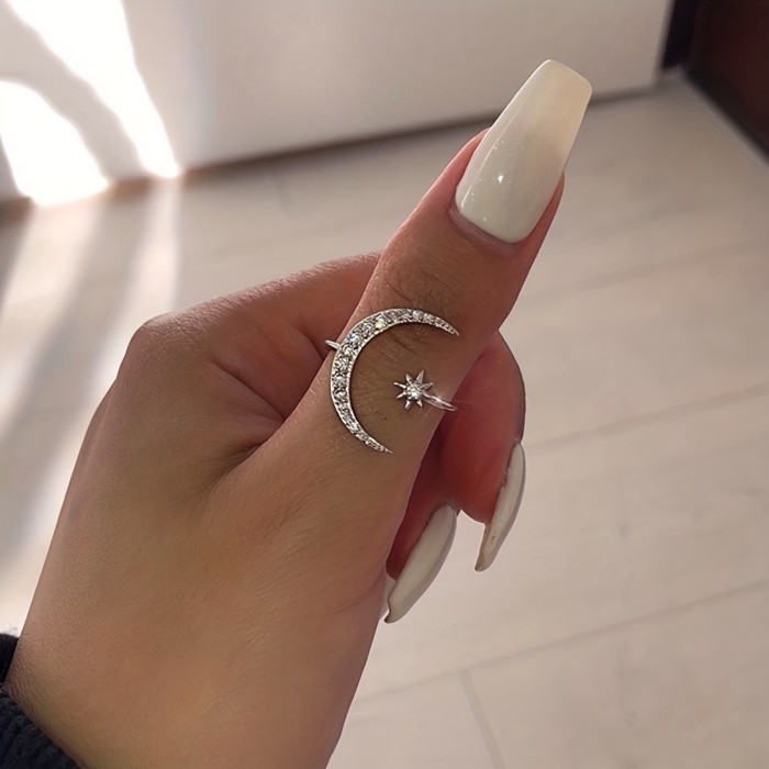 1pc Chic Moon & Sun Cuff Ring - Shimmering Rhinestone Crescent Design - Delicate Daily Wear & Party Accessory for Fashion-Forward Style