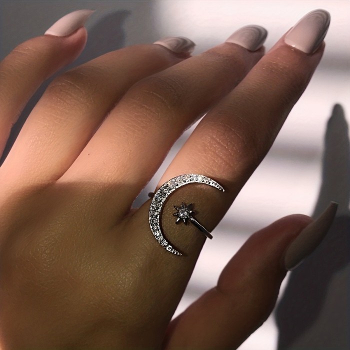 1pc Chic Moon & Sun Cuff Ring - Shimmering Rhinestone Crescent Design - Delicate Daily Wear & Party Accessory for Fashion-Forward Style