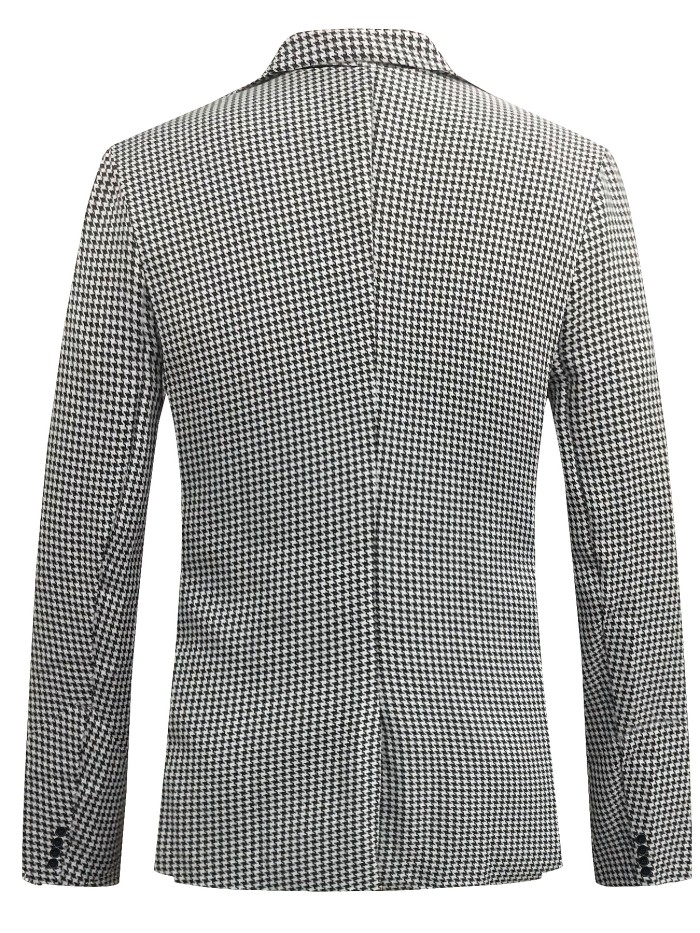 Plus Size Men's Business Casual Notch Lapel One-Button Plaid Blazer With Houndstooth Pattern
