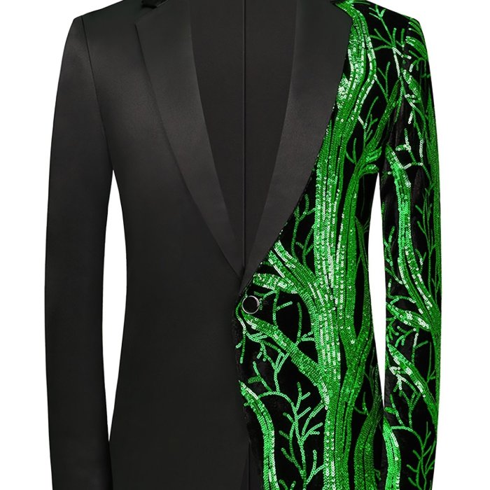 Shimmering Sequins Blazer Jacket - Mens One-Button Lapel Suit for Stylish Semi-Formal Occasions