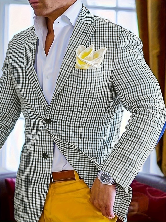 Mens Classic Plaid Linen Single Breasted Blazer Jacket - Lapel Collar, Button Front, Slim Fit