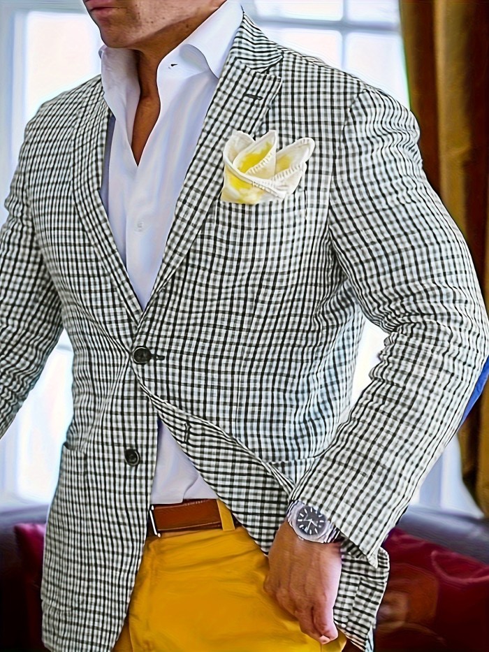 Mens Classic Plaid Linen Single Breasted Blazer Jacket - Lapel Collar, Button Front, Slim Fit