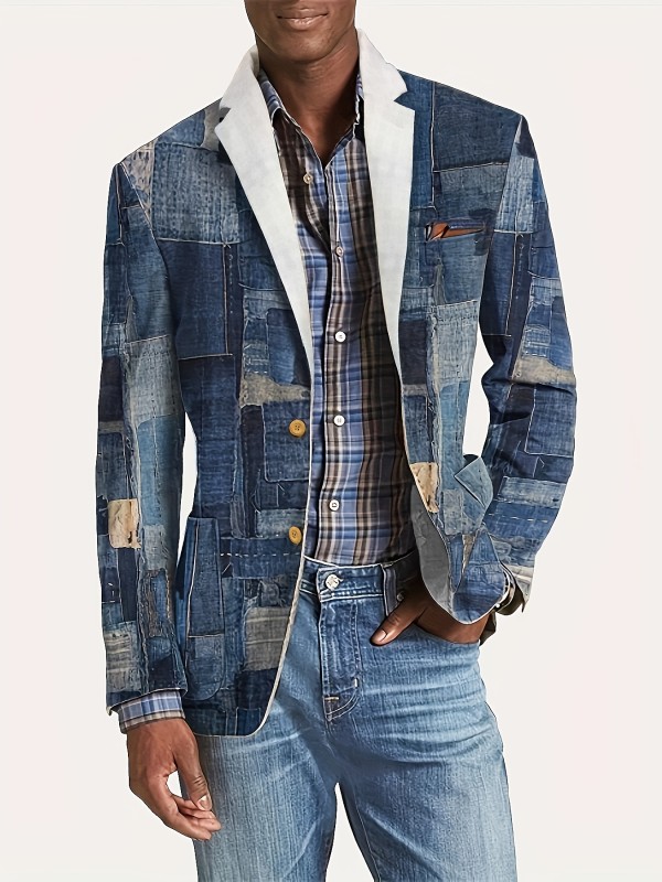 Plus Size Men's Casual Patchwork Denim Blazer, Notch Lapel Single-Breasted Jacket With Pockets