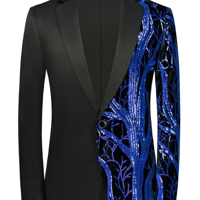 Shimmering Sequins Blazer Jacket - Mens One-Button Lapel Suit for Stylish Semi-Formal Occasions