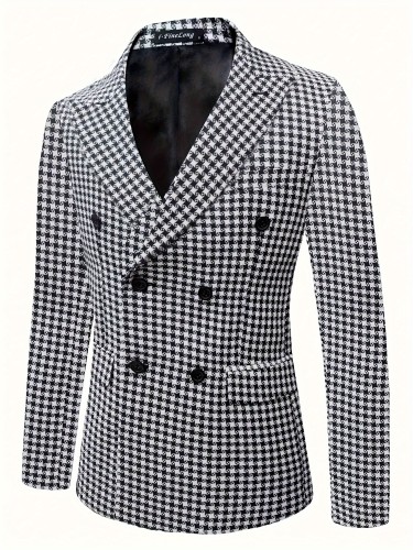 Mens Classic Houndstooth Pattern Suit Jacket - Elegant Lapel Collar, Split Details