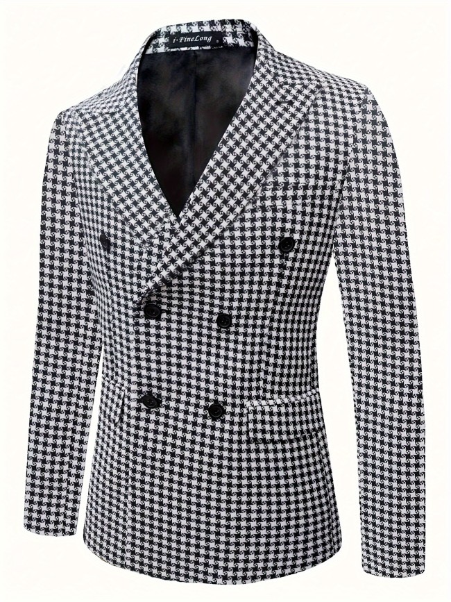 Mens Classic Houndstooth Pattern Suit Jacket - Elegant Lapel Collar, Split Details