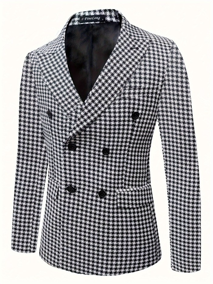 Mens Classic Houndstooth Pattern Suit Jacket - Elegant Lapel Collar, Split Details