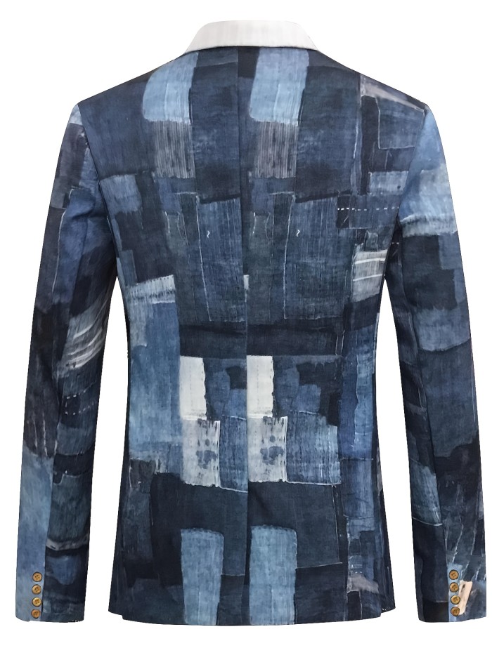Plus Size Men's Casual Patchwork Denim Blazer, Notch Lapel Single-Breasted Jacket With Pockets