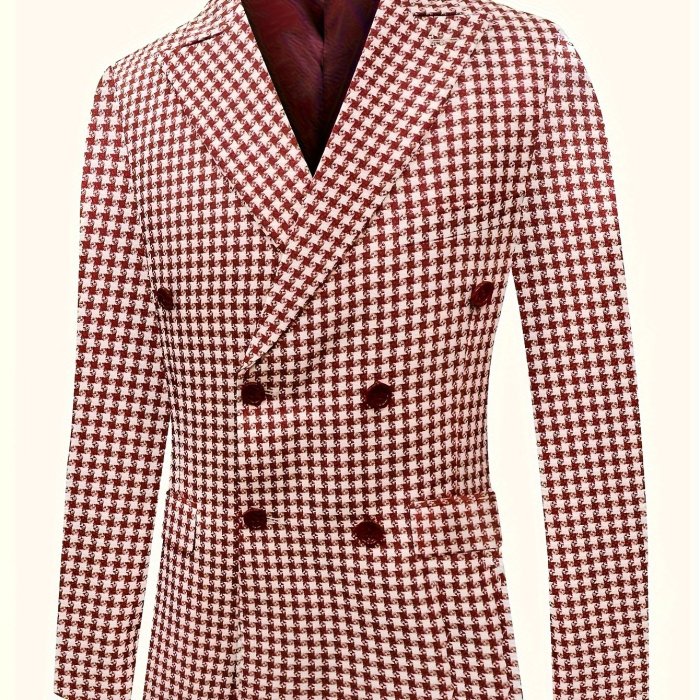 Mens Classic Houndstooth Pattern Suit Jacket - Elegant Lapel Collar, Split Details