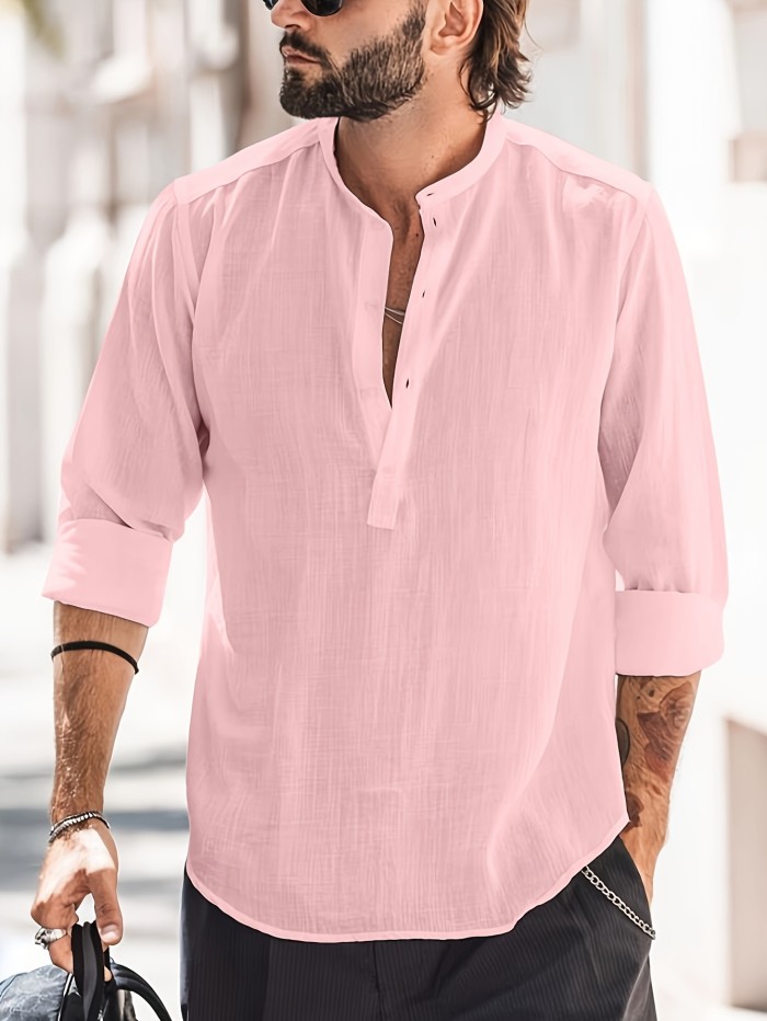 Classic Design Cotton Boat Neck Henley Shirt, Men's Casual Fit Vintage Style Long Sleeve Top For Spring Fall