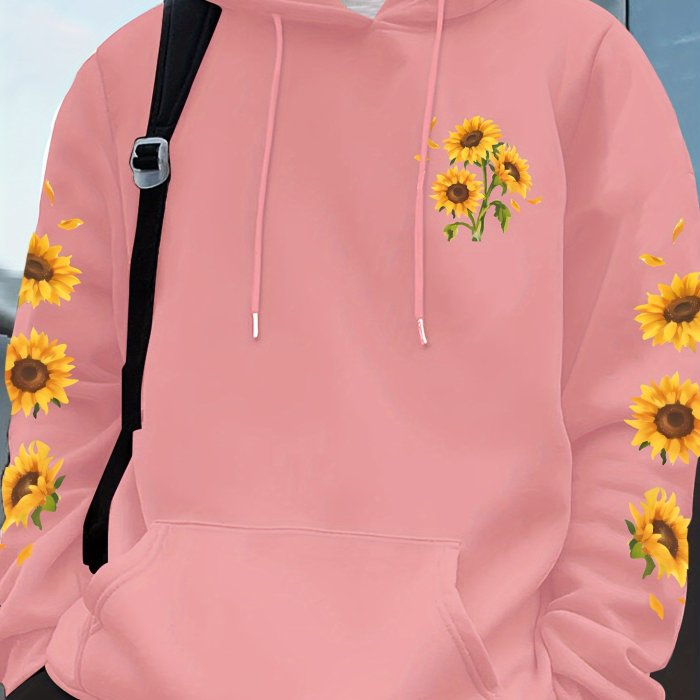 Sunflower Print Men's Pullover Round Neck Hoodies With Kangaroo Pocket Long Sleeve Hooded Sweatshirt Loose Casual Top For Autumn Winter Men's Clothing As Gifts