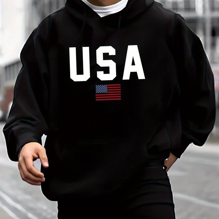 USA Print Hoodie, Cool Hoodies For Men, Men's Casual Pullover Hooded Sweatshirt With Kangaroo Pocket Streetwear For Winter Fall, As Gifts
