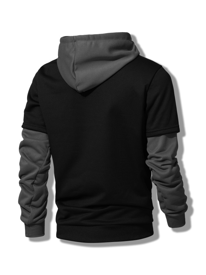 Faux Two-piece Hoodie, Cool Hoodies For Men, Men's Casual Color Block Design Pullover Hooded Sweatshirt With Kangaroo Pocket Streetwear For Winter Fall, As Gifts